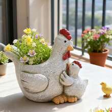1个迷人的白色小鸡和小母鸡树脂花盆 - 乡村户外花园装饰，动物主题花盆，非常适合家居、阳台、庭院，可种植2株植物，完美的感恩节装饰，户外花盆 | 树脂花园雕塑，完美的感恩节装饰品 - 花盆 - 查看 4