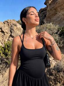 Black Maternity Spaghetti Strap Jumpsuit - Casual Sleeveless Wide Leg Loungewear With Pockets# Vest Jumpsuit # Wide Leg Jumpsuit - 黑色 - 查看 4