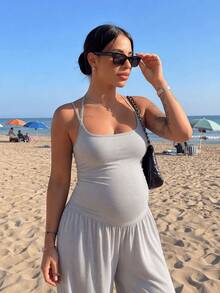 Gray Maternity Spaghetti Strap Jumpsuit - Casual Sleeveless Wide Leg Loungewear With Pockets.Suitable For Pregnant Women In The First Three Months - Grey - View 3