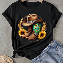 Camiseta de mujer Sombrero de vaquero Botas Girasoles Trigo Manga Corta Cuello Redondo Casual Adecuado para primavera y verano - Negro - Ver 1