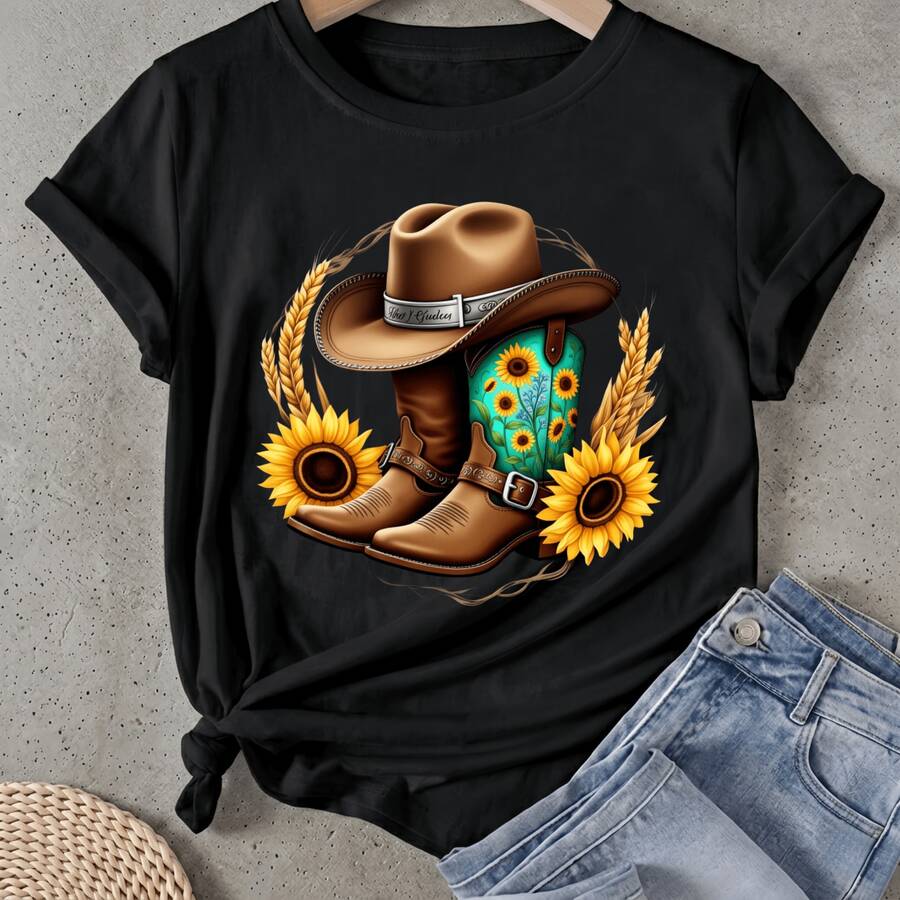 Camiseta de mujer Sombrero de vaquero Botas Girasoles Trigo Manga Corta Cuello Redondo Casual Adecuado para primavera y verano - Negro - Ver 1