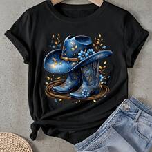 Camiseta de mujer Sombrero y botas de vaquero azules Manga Corta Cuello Redondo Casual Adecuado para primavera y verano - Negro - Ver 1