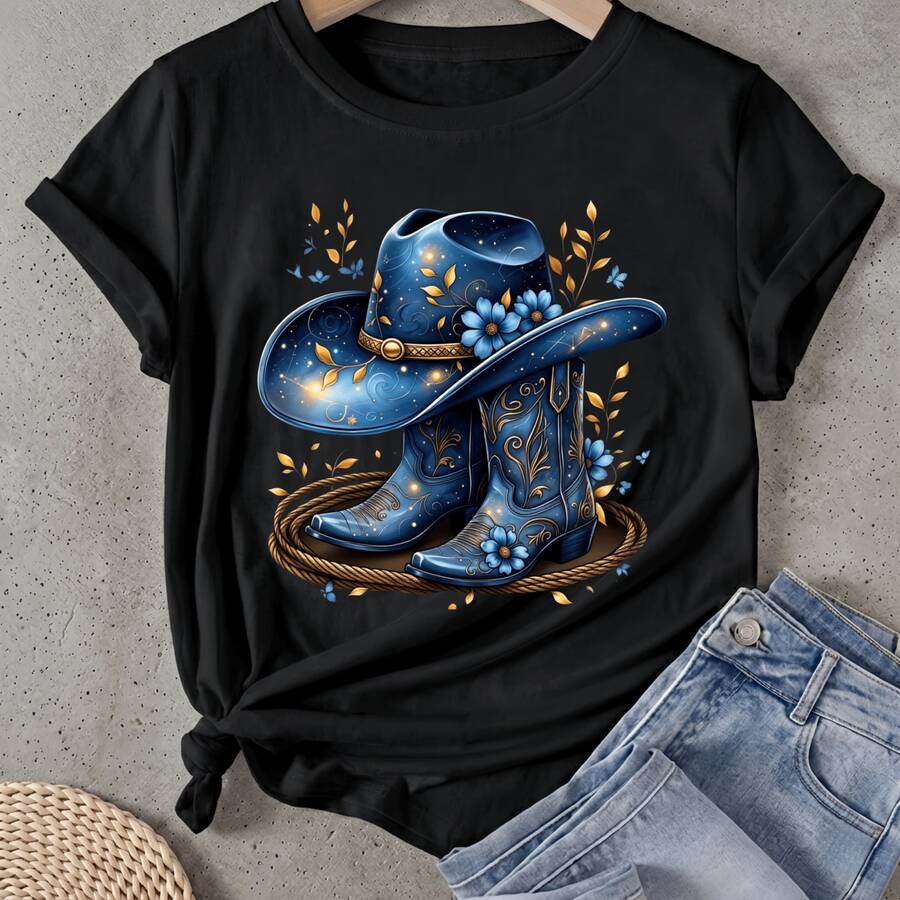Camiseta de mujer Sombrero y botas de vaquero azules Manga Corta Cuello Redondo Casual Adecuado para primavera y verano - Negro - Ver 1