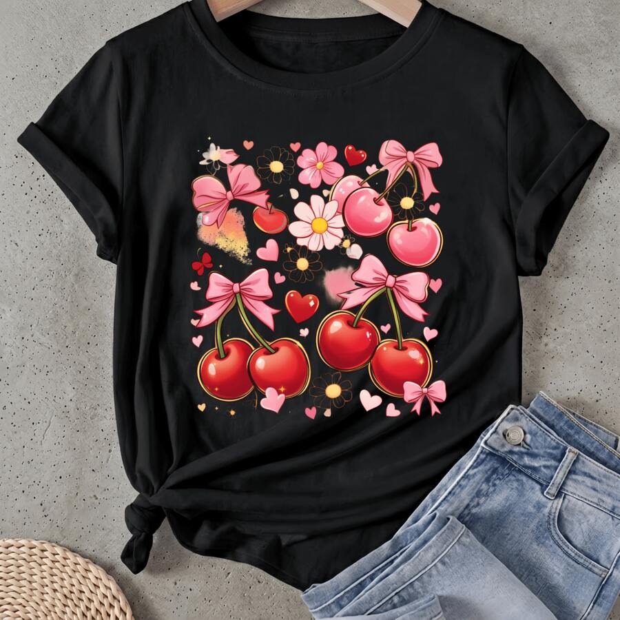 Camiseta de mujer Cerezas Lazos Corazones Flores Estrellas Manga Corta Cuello Redondo Casual Adecuado para primavera y verano - Negro - Ver 1