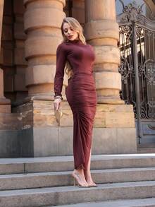 Premium Women's Long Dress With Long Sleeves, High Neck, Gathered Drape Detail, Fitted To The Body, Elegant And Sophisticated With A Side Slit, Luxury Fashion, For Parties, Weddings, Graduations, Bridesmaids, And Dinners. - 鏽棕色 - 查看 6