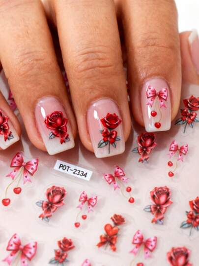 1pc Red Rose Butterfly Nail Sticker, Self-Adhesive One-Time Embossed Nail Art Decor, Atmospheric Nail Sticker Suitable For Daily Wear & Dates, Delicate Pattern Easy To Apply & Durable
