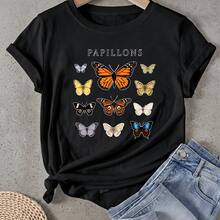 Camiseta de mujer Diseño e Impresión de la Colección de Mariposas Papillons Manga Corta Cuello Redondo Casual Adecuado para primavera y verano - Negro - Ver 1