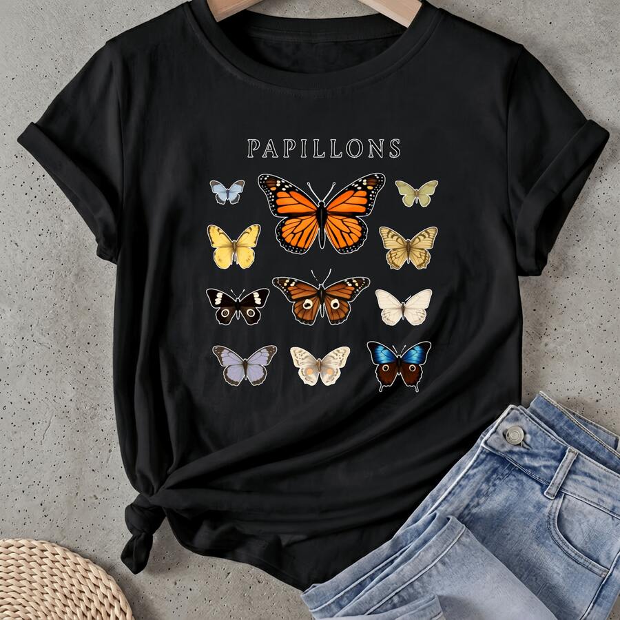 Camiseta de mujer Diseño e Impresión de la Colección de Mariposas Papillons Manga Corta Cuello Redondo Casual Adecuado para primavera y verano - Negro - Ver 1