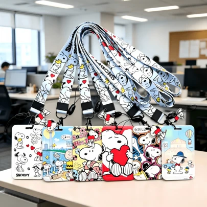  Bộ 1 ví đựng thẻ và dây đeo in hình Snoopy graffiti, hộp đựng thẻ ID di động hoạt hình, đồ dùng học tập/văn phòng phẩm.