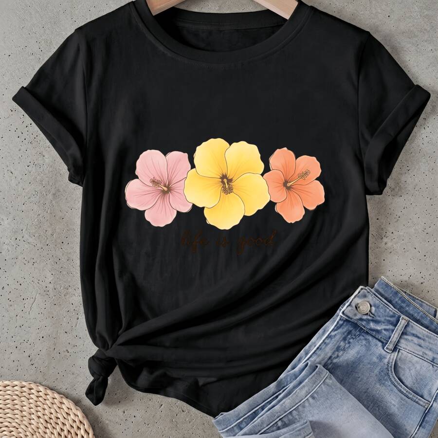 Camiseta para mujer Diseño de patrón floral con texto Manga Corta Cuello Redondo Casual Adecuado para primavera y verano - Negro - Ver 1