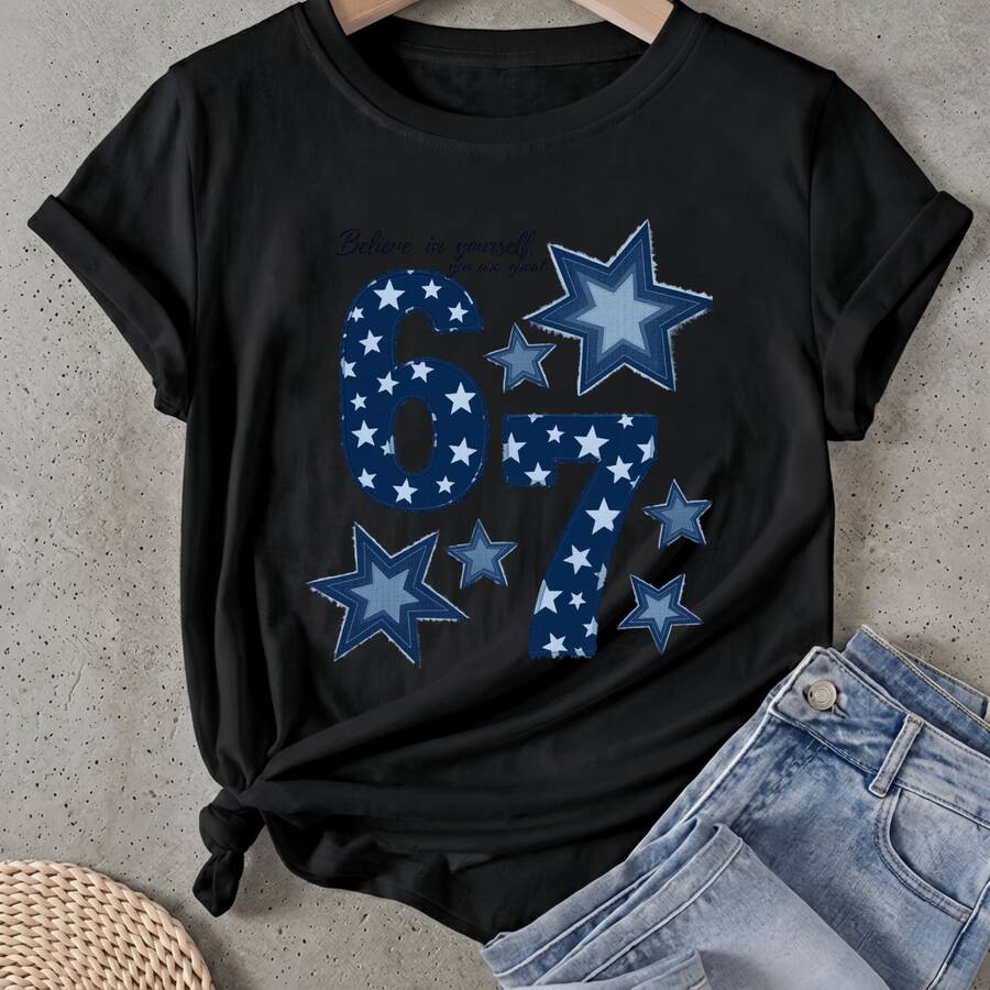 Camiseta de mujer Estrellas y Números Patrón de Impresión Manga Corta Cuello Redondo Casual Adecuado para primavera y verano - Negro - Ver 1