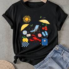 Camiseta de mujer Silla de playa Sombrilla Langosta Sandalias Maleta Limón Cereza Concha Flor Manga Corta Cuello Redondo Casual Adecuado para primavera y verano - Negro - Ver 1