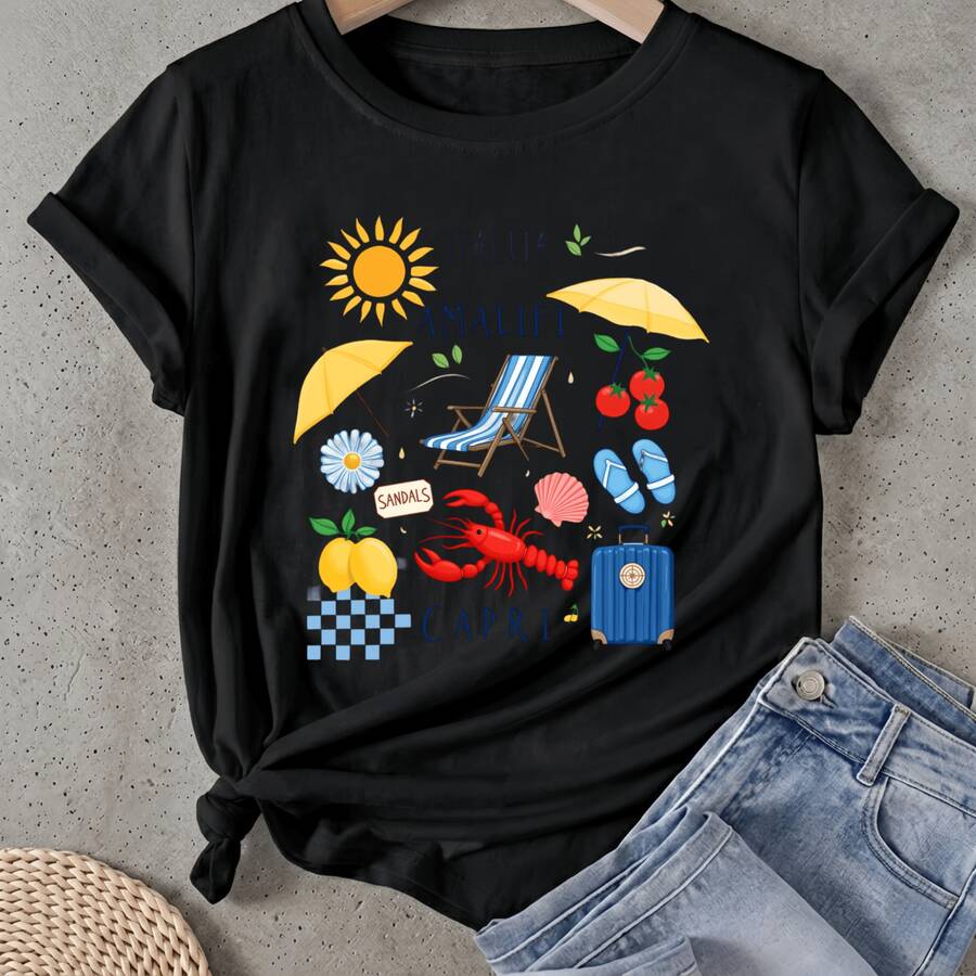 Camiseta de mujer Silla de playa Sombrilla Langosta Sandalias Maleta Limón Cereza Concha Flor Manga Corta Cuello Redondo Casual Adecuado para primavera y verano - Negro - Ver 1
