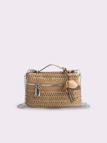 Boho Chic Square Straw Bag With Sweet Bow, Casual Woven Beach Handbag With Chain Strap - Multicolor - View 11