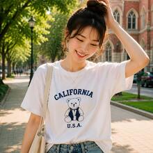 Envío local:Camiseta Gráfica de Oso California para Mujer, Top Blanco Oversize con Diseño Retro, Ideal para Estilo Preppy y Salidas Universitarias - Blanco - Ver 6