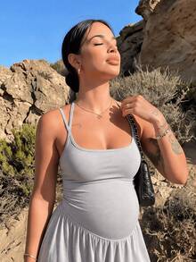 Gray Maternity Spaghetti Strap Jumpsuit - Casual Sleeveless Wide Leg Loungewear With Pockets.Suitable For Pregnant Women In The First Three Months - Grey - View 5