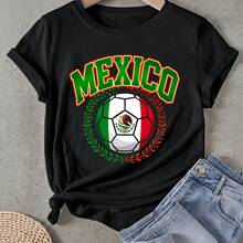 Camiseta de mujer Guirnalda de Balón de Fútbol de México Manga Corta Cuello Redondo Casual Adecuado para primavera y verano - Negro - Ver 1
