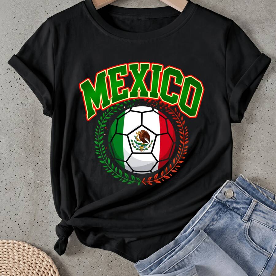 Camiseta de mujer Guirnalda de Balón de Fútbol de México Manga Corta Cuello Redondo Casual Adecuado para primavera y verano - Negro - Ver 1