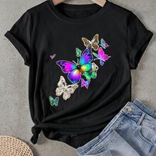 Camiseta de mujer Diseño de Estampado con Patrón de Mariposas Coloridas Manga Corta Cuello Redondo Casual Adecuado para primavera y verano - Negro - Ver 1