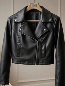 Women's Luxury Faux Leather Biker Jacket With Zipper - 黑色 - 查看 9