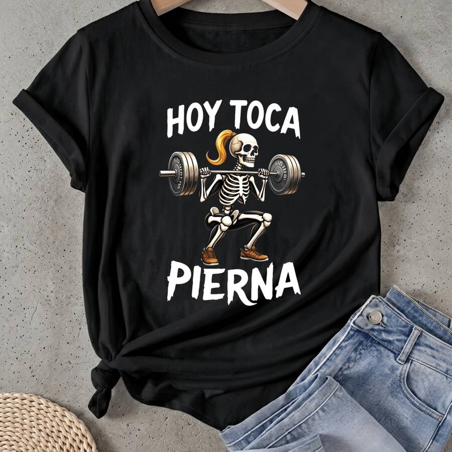 Camiseta de mujer Hoy Toca Pierna Skeleton Lifting Manga Corta Cuello Redondo Casual Adecuado para primavera y verano - Negro - Ver 1