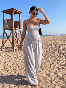 Gray Maternity Spaghetti Strap Jumpsuit - Casual Sleeveless Wide Leg Loungewear With Pockets.Suitable For Pregnant Women In The First Three Months - Grey - View 6