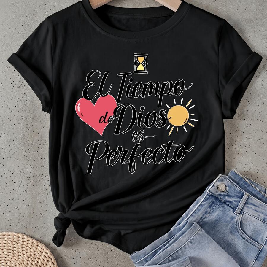 Camiseta de mujer El Tiempo De Dios Es Perfecto Manga Corta Cuello Redondo Casual Adecuado para primavera y verano - Negro - Ver 1
