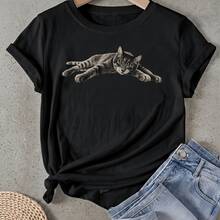 Camiseta de mujer Gato Tumbado Impreso Manga Corta Cuello Redondo Casual Adecuado para primavera y verano - Negro - Ver 1