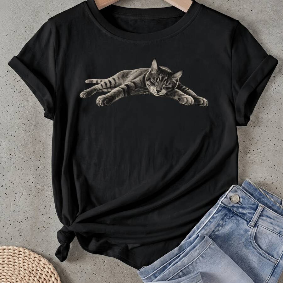 Camiseta de mujer Gato Tumbado Impreso Manga Corta Cuello Redondo Casual Adecuado para primavera y verano - Negro - Ver 1
