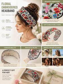 1件女款花卉刺繡蕾絲寬髮帶，波希米亞復古風鏤空邊緣，防滑網格花朵髮箍，打造豐盈皇冠髮型，適合日常穿搭、度假、派對與節日。顏色/款式隨機發貨。髮帶 - 多色AA - 查看 4