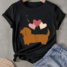 Camiseta de mujer Diseño de globos en forma de corazón para Dachshund Manga Corta Cuello Redondo Casual Adecuado para primavera y verano - Negro - Ver 1