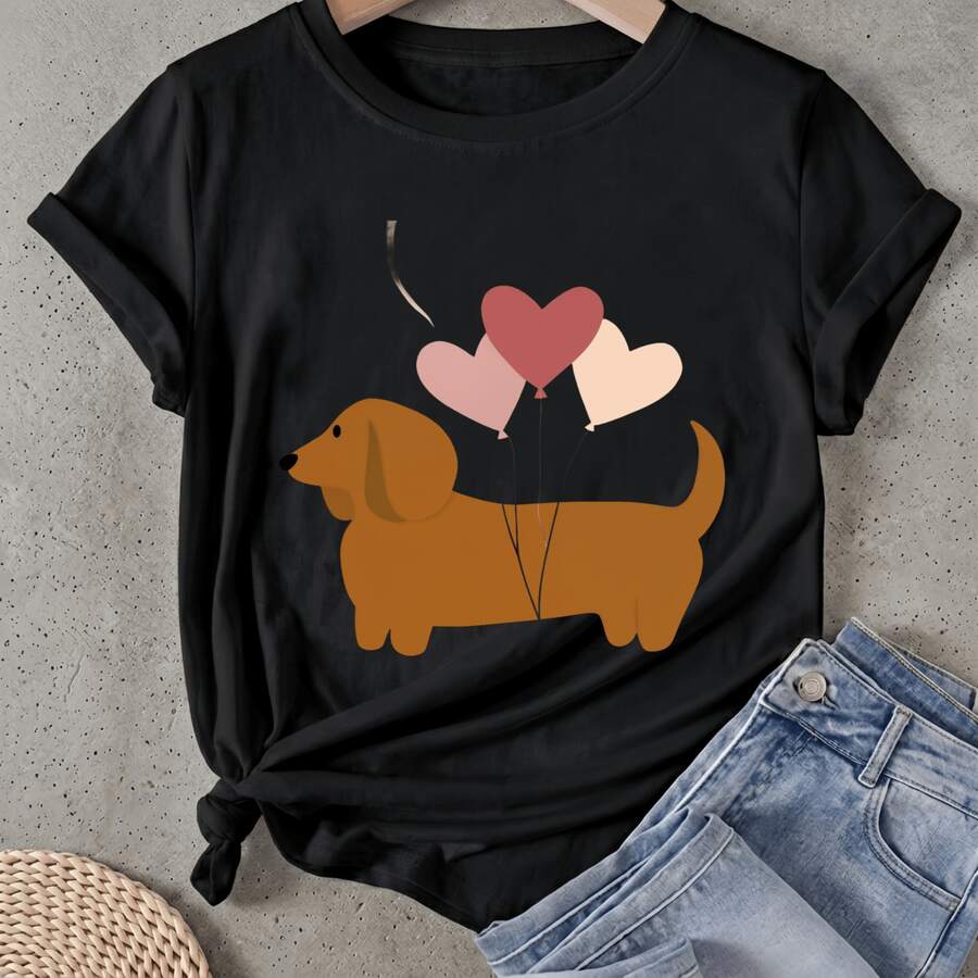 Camiseta de mujer Diseño de globos en forma de corazón para Dachshund Manga Corta Cuello Redondo Casual Adecuado para primavera y verano - Negro - Ver 1