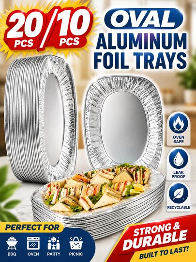 20/10/5pcs Oval Aluminum Foil Baking Trays, Suitable For Air Fryer, Grill, Oven, Barbecue, All Seasons, Easy To Clean, Multi-Functional Cooking Tray For Heating, Storage, Outdoor Grilling, Birthday Party, Wedding, Takeout, Practical Gift For Friends And Family