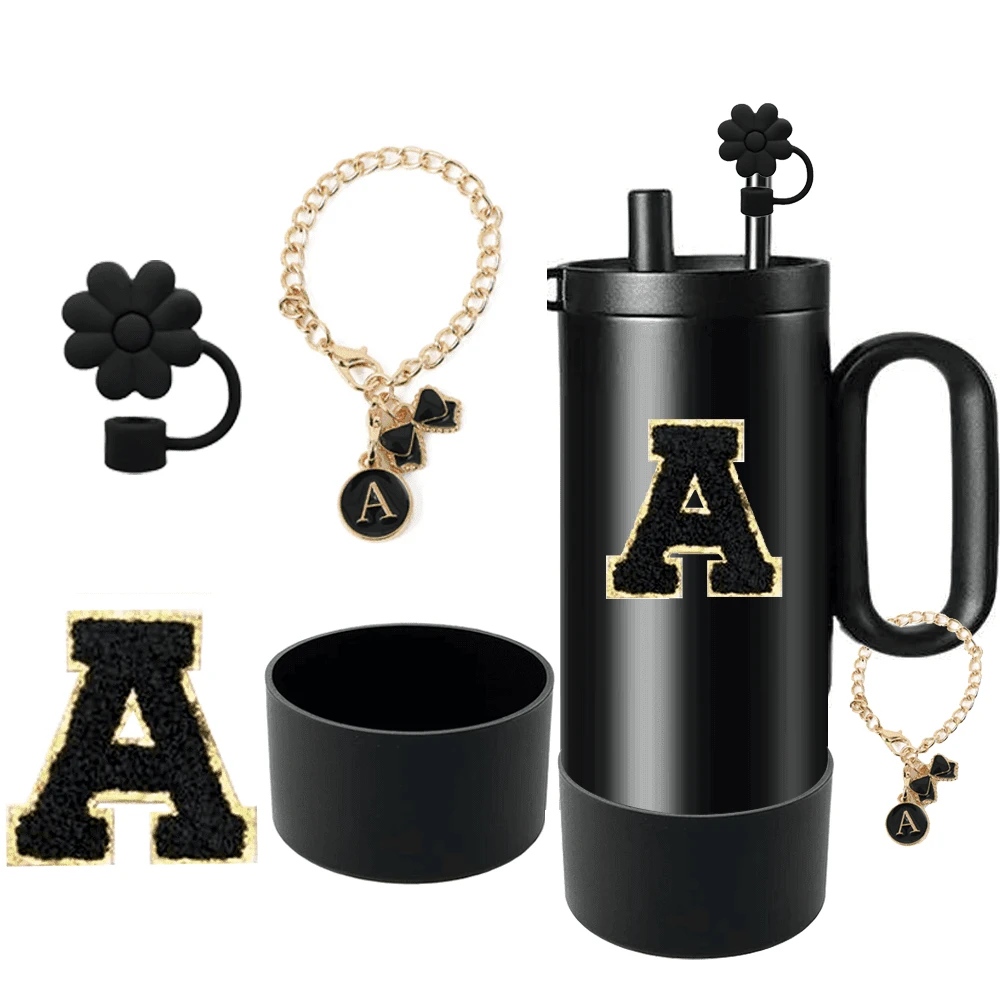 A-Z 4件組杯子配件組(適用於所有 30-40oz 杯子)-配件組包含:1個吸管防塵蓋、1個字母吊飾、1個亮面矽膠杯底保護套、1個杯子字母貼紙 - 黑色套裝 - 查看 1