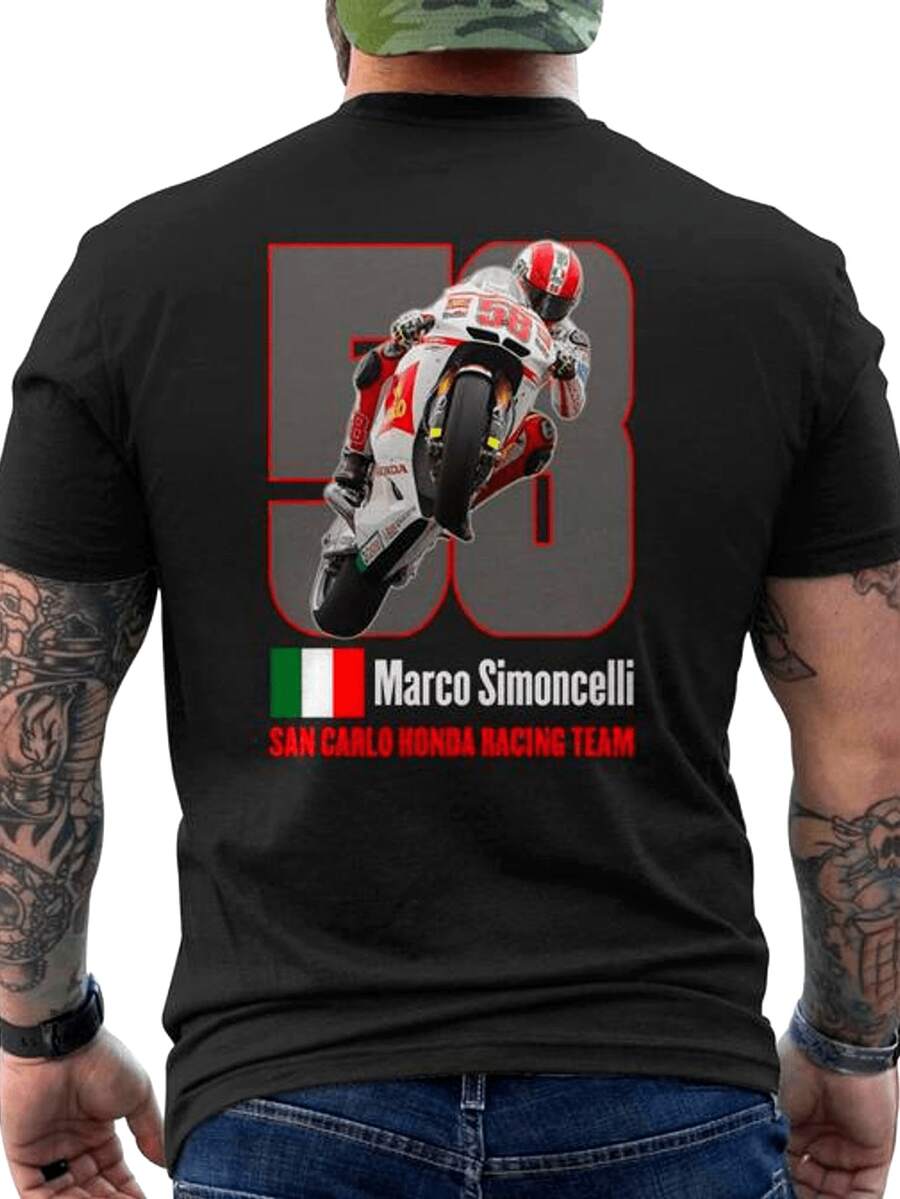 Camiseta de Carreras de Motociclismo para Hombre - Estampado en la Espalda con el Número 58, Gráfico Rojo, Blanco y Negro - Camiseta de Algodón Transpirable para Fanáticos del , Ropa Casual para Entusiastas de Motociclismo - Ideal para Eventos de Carreras y Uso Casual, Ropa de Motociclismo, Ropa Deportiva. - Negro - Ver 1