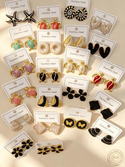24-Piece Elegant Geometric Design (Flowers, Turtles, Butterflies, Starfish) Stainless Steel Earrings. These Simple And Fashionable Stainless Steel Earrings Are Perfect For Women To Wear Daily And Are Also The Best Gift For Female Friends. (Shipped Randomly)