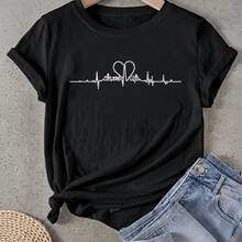 Camiseta de mujer Línea de latido con forma de corazón Manga Corta Cuello Redondo Casual Adecuado para primavera y verano - Negro - Ver 1