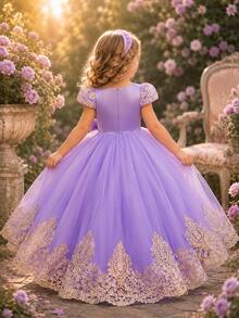 Elegante vestido de princesa sin mangas con bordado y cola lujosa, vestido de gala de tul esponjoso para niña de las flores - Lila Púrpura - Ver 2