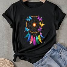 Camiseta de mujer Atrapasueños Con Mariposas Y Plumas Manga Corta Cuello Redondo Casual Adecuado para primavera y verano - Negro - Ver 1