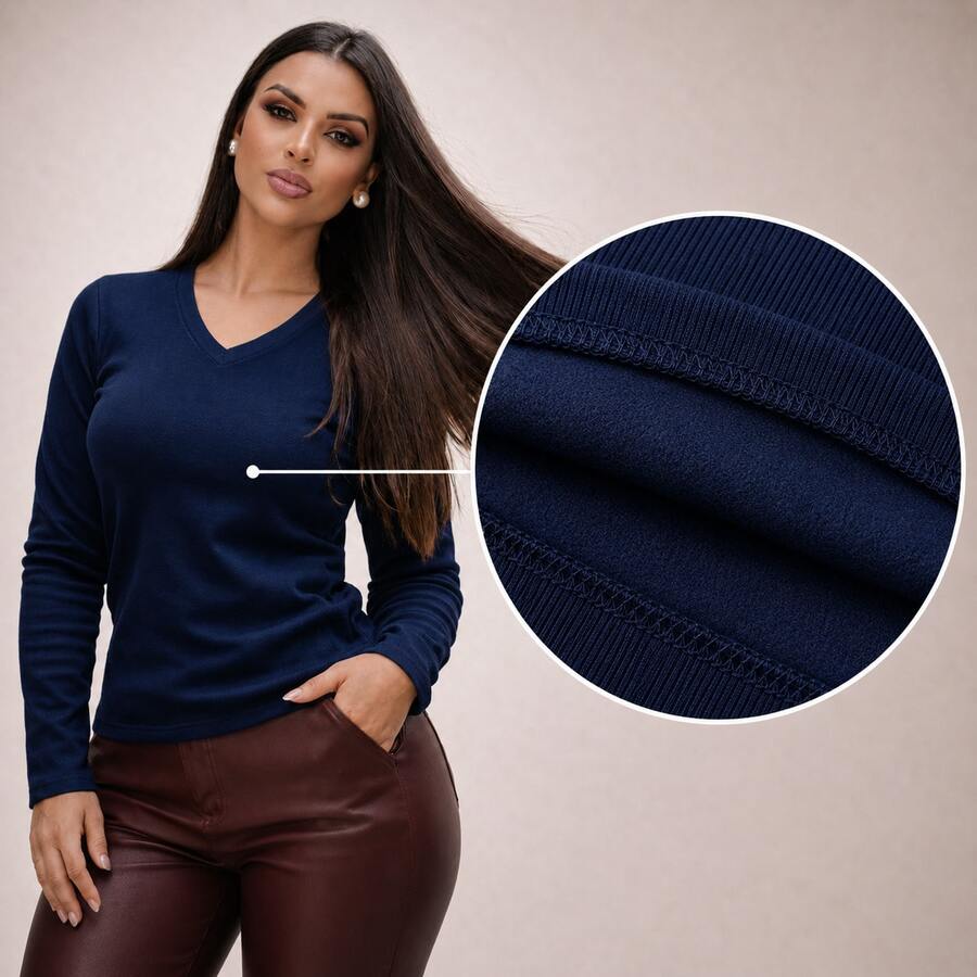 Fleece-Lined Long-Sleeved Ribbed V-Neck Blouse - Elegant, Chic, Warm, Comfortable - Autumn And Winter Fashion - Valentine's Day - 藏蓝色 - 查看 1