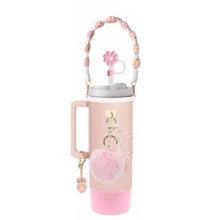 1套/8件杯子配件組，適用於30oz和40oz杯子，包含矽膠杯套、10mm極簡吸管蓋、花朵吊飾、可調節金屬鏈條蝴蝶結吊飾、可重複使用吸管套、防塵吸管蓋、防滑底部保護套、粉色毛球吊飾、可愛雛菊手腕帶、粉色蝴蝶裝飾，節日禮物 - 粉紅色8件裝 - 查看 3