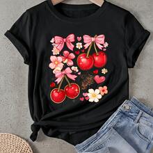 Camiseta de mujer Cerezas Lazos Flores Corazones Estrellas Manga Corta Cuello Redondo Casual Adecuado para primavera y verano - Negro - Ver 1