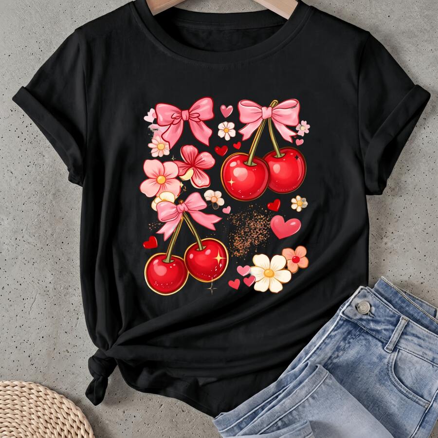 Camiseta de mujer Cerezas Lazos Flores Corazones Estrellas Manga Corta Cuello Redondo Casual Adecuado para primavera y verano - Negro - Ver 1