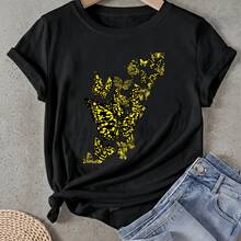 Camiseta de mujer Diseño de Mariposa Amarillo y Negro Manga Corta Cuello Redondo Casual Adecuado para primavera y verano - Negro - Ver 1