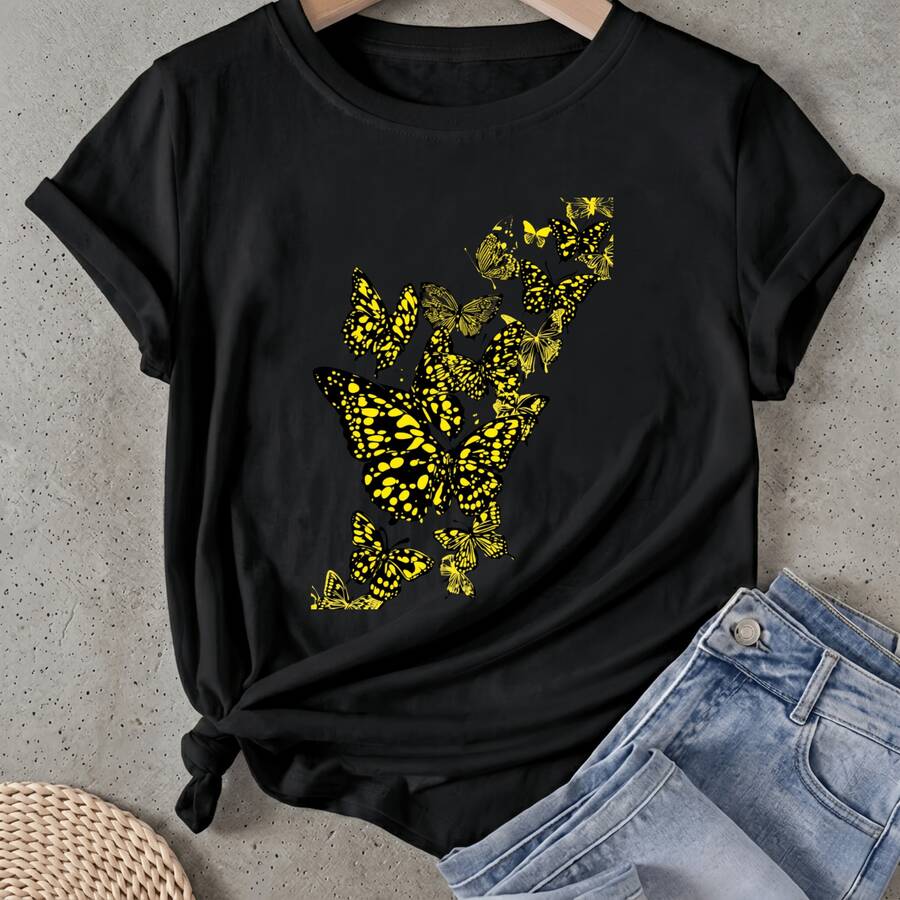Camiseta de mujer Diseño de Mariposa Amarillo y Negro Manga Corta Cuello Redondo Casual Adecuado para primavera y verano - Negro - Ver 1