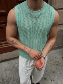 ANDREILEE 春夏男女通用休闲宽松健身运动舒适街头纯色圆领无袖针织背心，绿色毛衣 - 綠色 - 查看 1