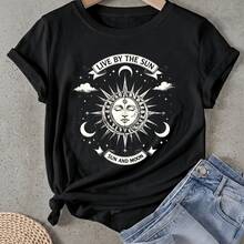 Camiseta de mujer Diseño de Sol y Luna con Estrellas Manga Corta Cuello Redondo Casual Adecuado para primavera y verano - Negro - Ver 1
