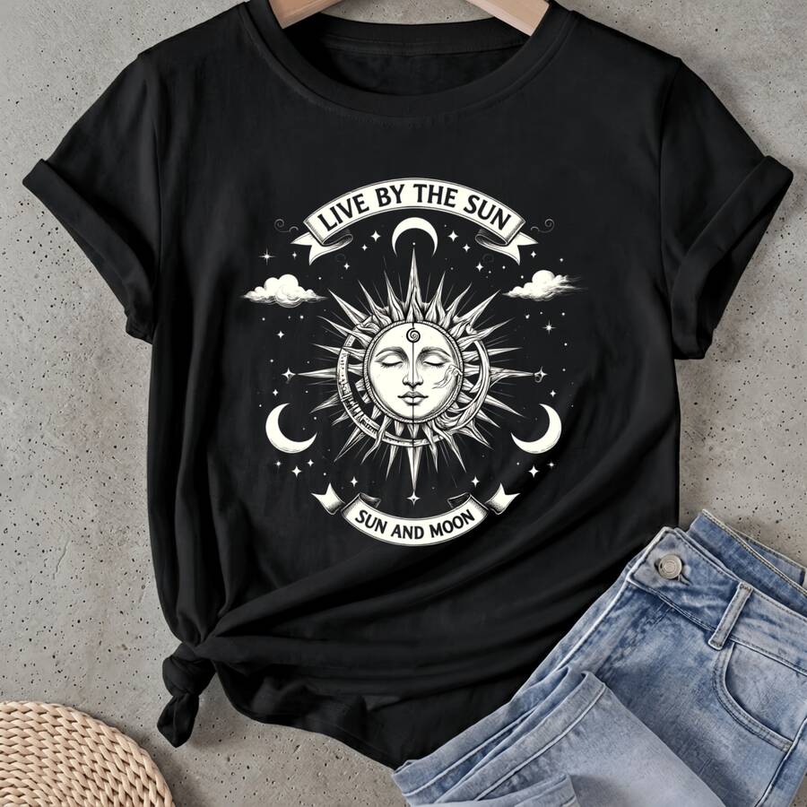 Camiseta de mujer Diseño de Sol y Luna con Estrellas Manga Corta Cuello Redondo Casual Adecuado para primavera y verano - Negro - Ver 1