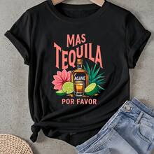 Camiseta de mujer Mas Tequila Por Favor Agave Manga Corta Cuello Redondo Casual Adecuado para primavera y verano - Negro - Ver 1