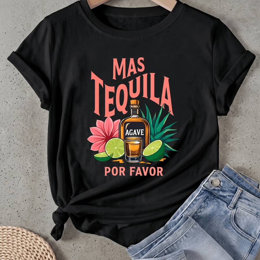 Camiseta de mujer Mas Tequila Por Favor Agave Manga Corta Cuello Redondo Casual Adecuado para primavera y verano - Negro - Ver 1